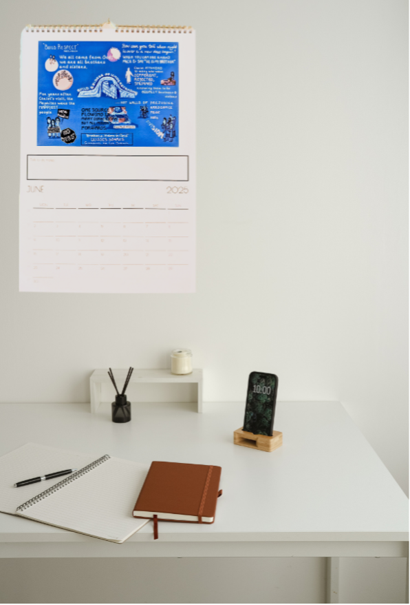 Calendar measures 11 x 16.5 and has plenty of room for adding important dates, as well as a &quot;to do&quot; space for adding your spiritual goals and takeaways from the month&#39;s featured talk/address.